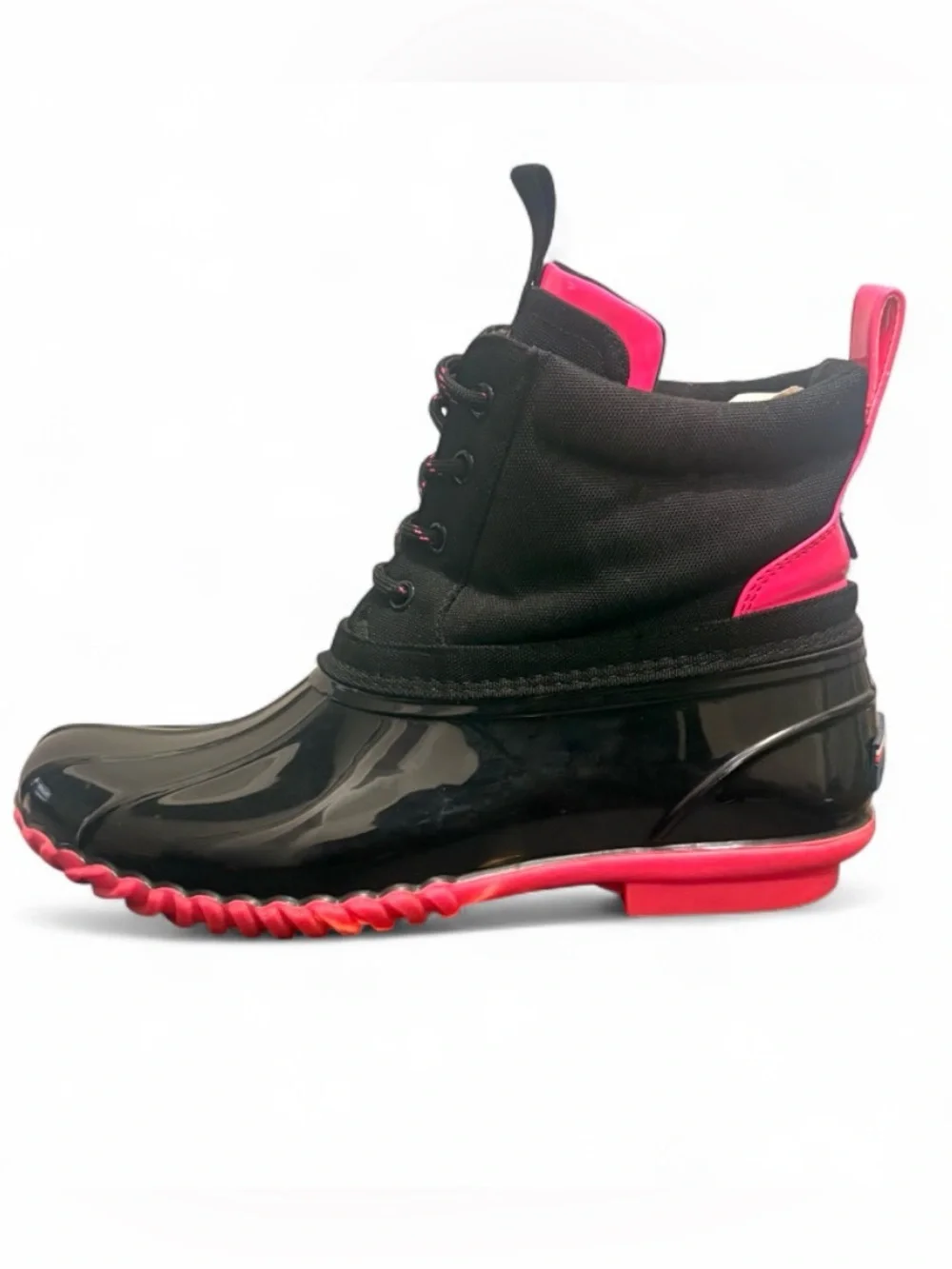 Tommy Hilfiger Black and Pink Glossy Waterproof Lace-Up Rain Boots